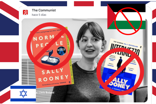 Montaje editorial sobre el veto a los libros de Sally Rooney en el Reino Unido por su apoyo a Palestina.